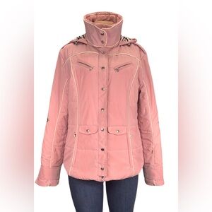 Bogner Blush pink quilted jacket with embroidery on the sleeves.